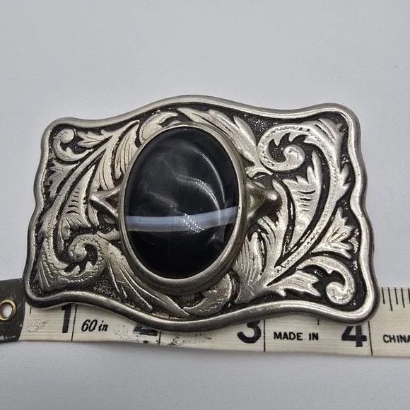 Centerpiece Black Banded  Cabochon Silver Tone Western Framed Belt Buckle - Picture 4 of 6
